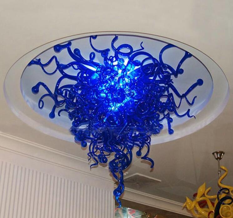Blue Glass Ceiling Lights in Hand-Blown Murano Style with LED Bulbs for High Ceiling Chandelier Art Design