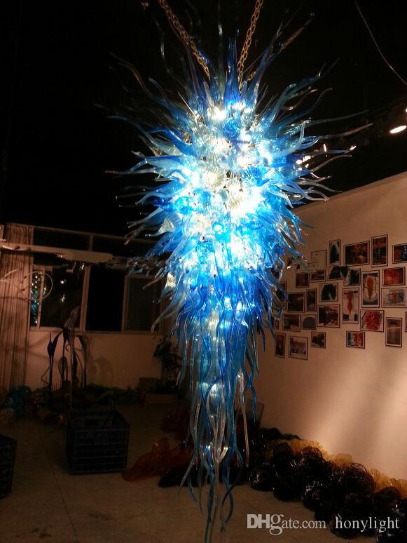 Blue glass hanging chandelier with energy-saving LED lights, handcrafted and affordably priced