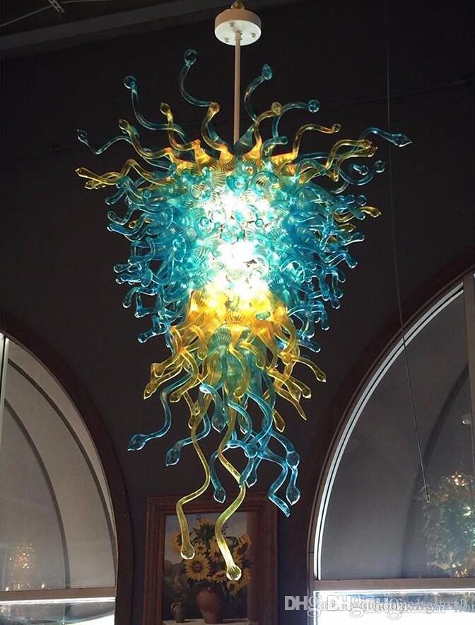 Blue Golden Handmade Blown Art Glass Chandelier for Modern Living Spaces