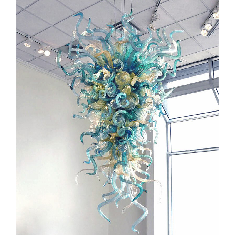 Blue green large handcrafted glass pendant lights, LED chandeliers for living room decor