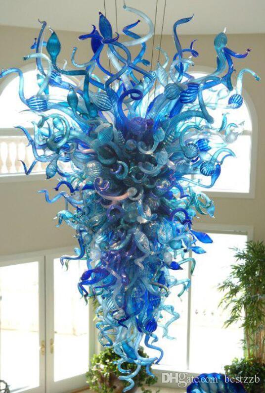 Blue Modern Glass Chandelier for Hotels - Large LED Pendant Lamp with Artistic Colored Glass Design (110V-240V)