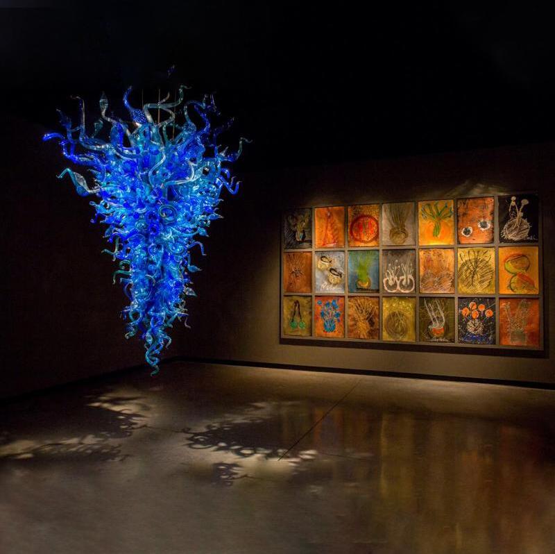 Blue Murano-style LED chandeliers with hand-blown colored glass for hotel and gallery lighting
