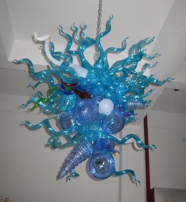 Blue pendant lamps with LED bulbs, handcrafted Murano glass chandeliers in American style lighting