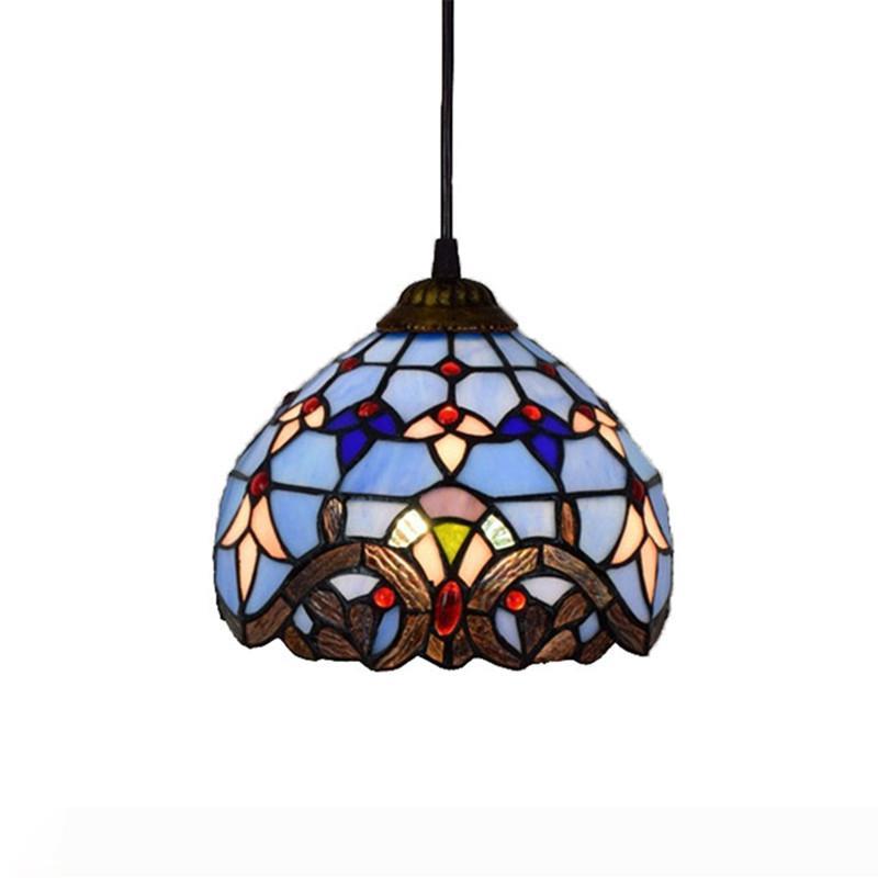 Blue stained glass chandelier for bedroom balcony corridor, 8-inch vintage Tiffany pendant lamp DS003