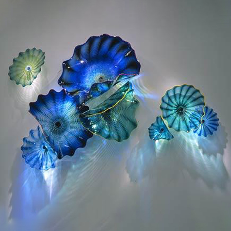 Blue Teal Shade 100% Murano Hanging Plate Arts Lamp Borosilicate Hand Blown Glass Flower Wall Art Plates