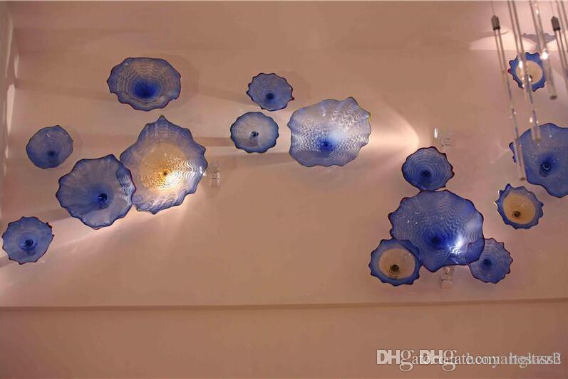 Blue Wall Decoration Flower Art Modern Style Mouth Blown Murano Glass Plates for Fireplace Stair Wall Ceiling Decor