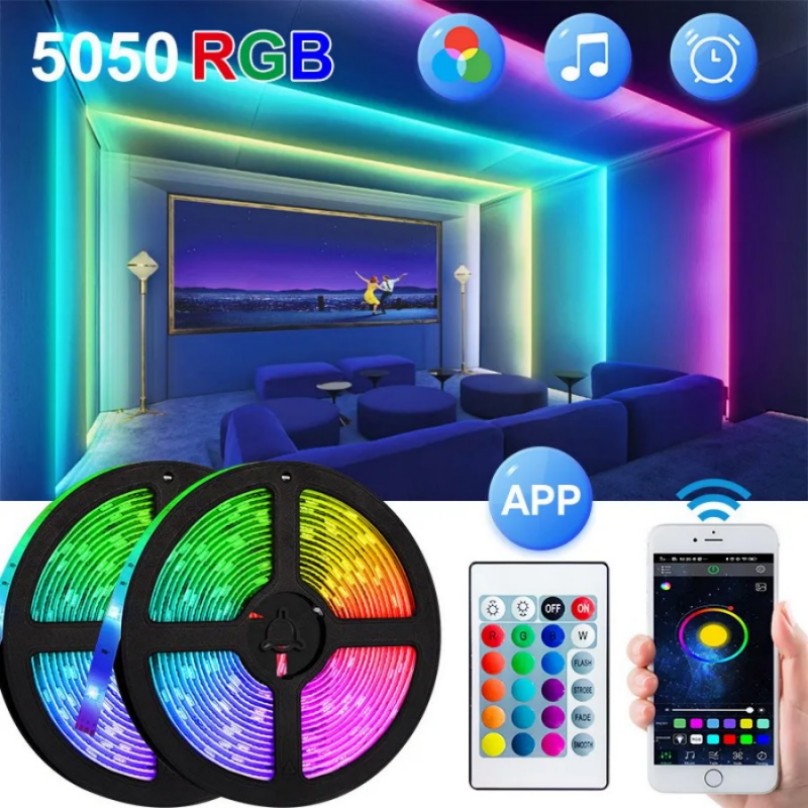 Bluetooth-controlled 5m RGB LED strip light for room and TV backlighting with USB power