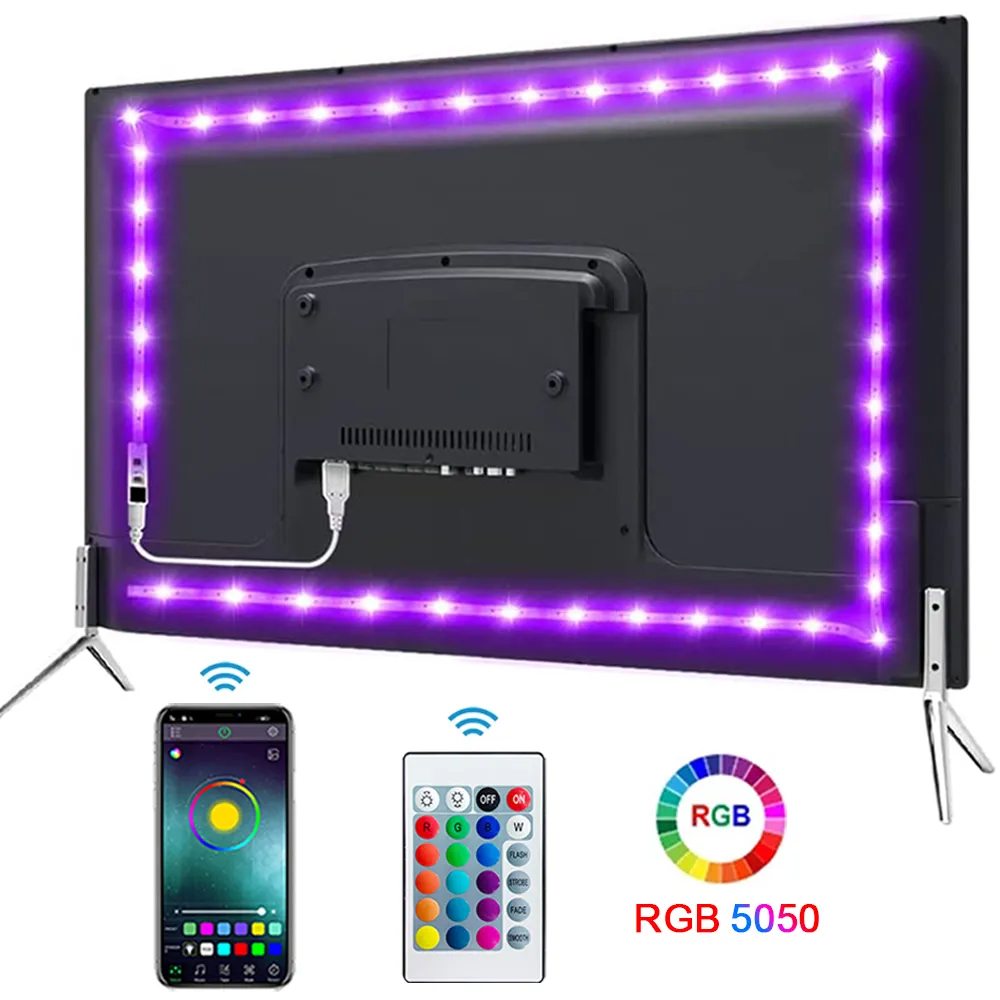 Bluetooth-controlled 5V RGB LED strip with remote for home decor and TV backlighting