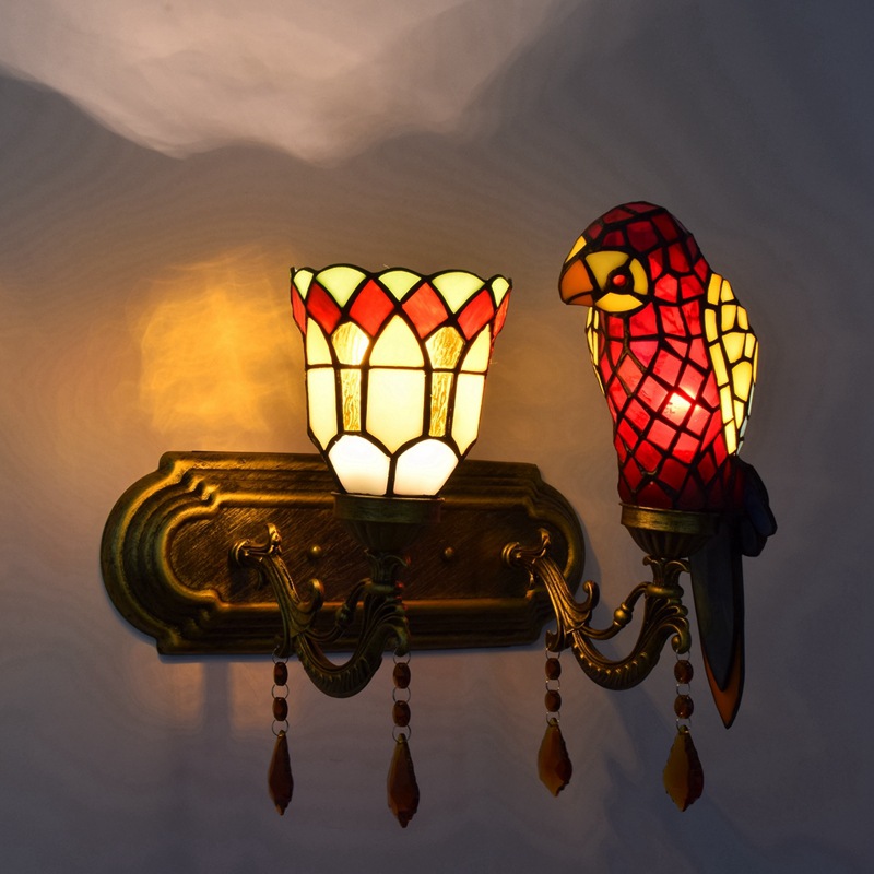 Boutique dual-head parrot wall lamps, high-quality color-coordinated glass crafts for bedroom or bedside lighting