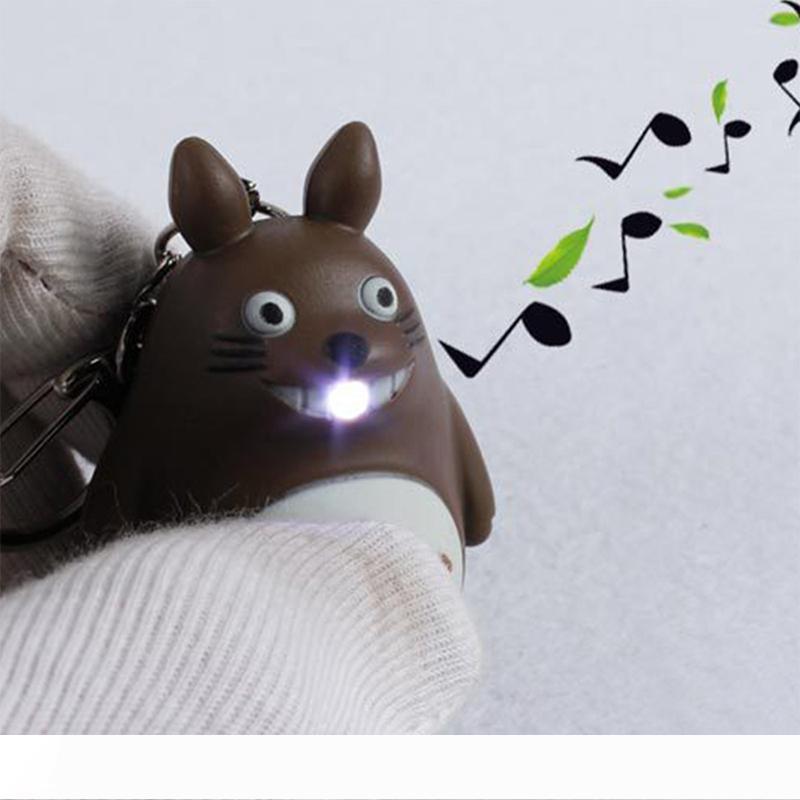 BRELONG Cartoon Keychain featuring LED night light, music, flashlight, and backpack charm - a perfect Totoro-themed gift for kids in blue-gray tones