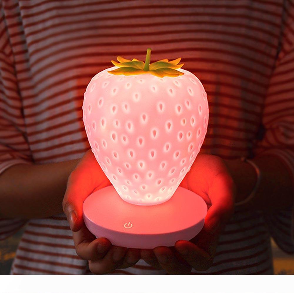BRELONG LED night light in strawberry design with USB charging, perfect for bedside or table decoration in white, pink, or red