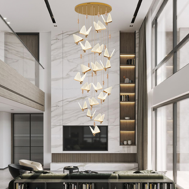 Butterfly chandeliers for modern villa stairwells, duplex spiral staircase lighting, and hotel or mall decor