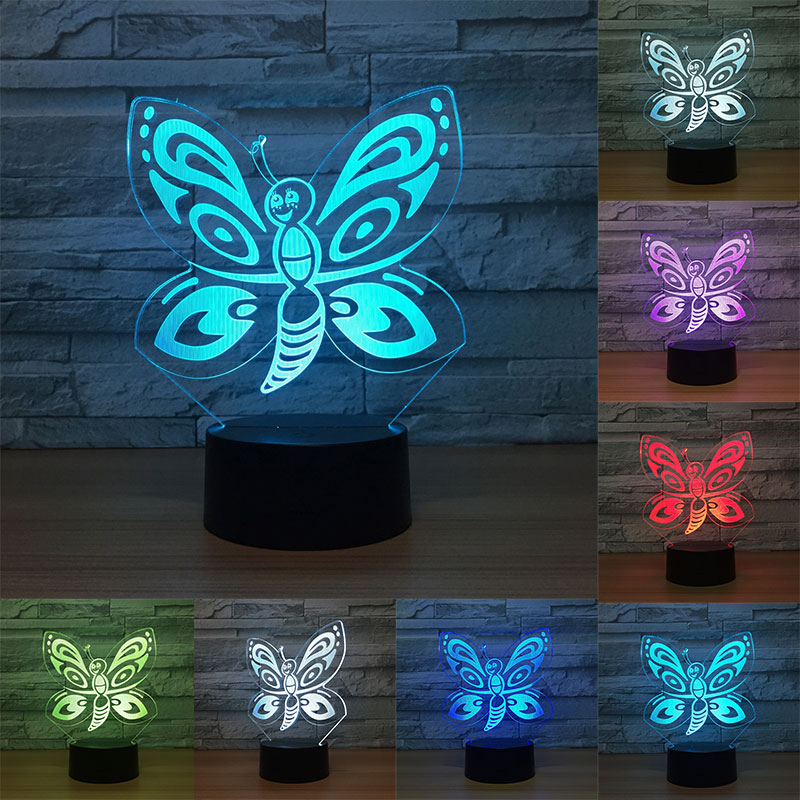 Butterfly-shaped 3D LED night light with USB power and colorful acrylic design