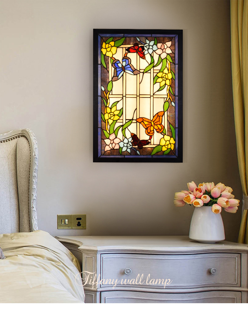 Butterfly-shaped stained glass wall lamp for living room, bedroom, or kitchen with European retro fairy lighting style