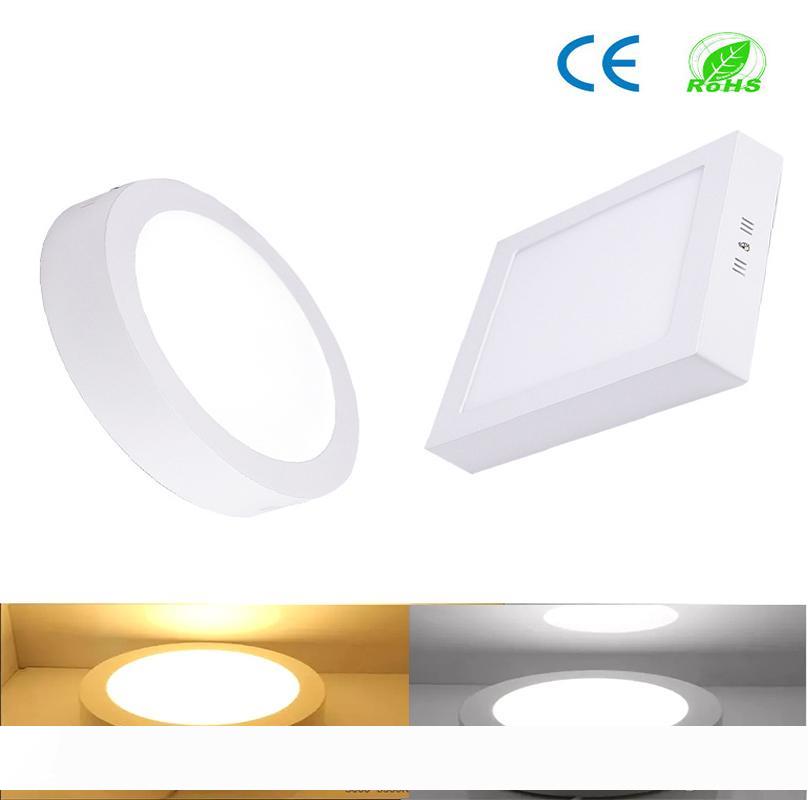 CE dimmable LED panel lights in 9W, 15W, and 21W options, available in round and square shapes for surface mounting, featuring downlight and spotlight functions with 110-240V drivers