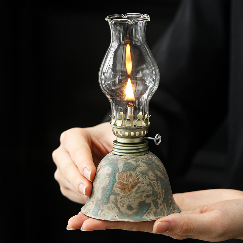 Ceramic oil lamp with adjustable wick, vintage hurricane lantern for indoor and outdoor use, camping decor with flame control knob, kerosene sold separately