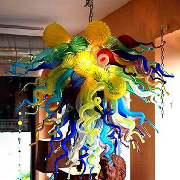 Chandelier pendant light with multicolored blown glass and LED, 24 inches, 110-240V, ideal for bedroom Art Deco decor