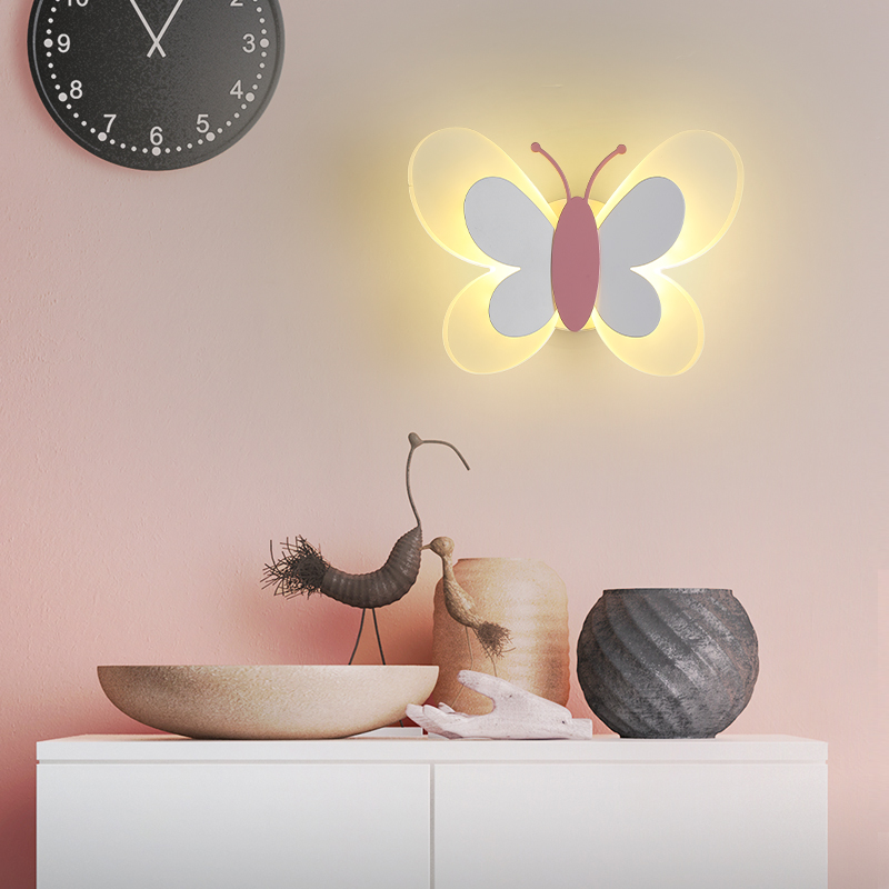 Children's room wall lamp with modern LED lighting, creative butterfly mirror design for bedroom or living area decoration
