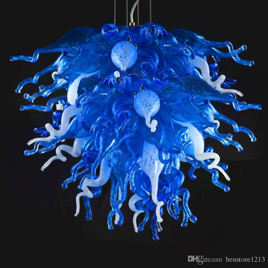 China LED Flush Mounted Pendant Lamps Handmade Blown Glass Chandelier Lighting Murano Glass Chandeliers Blue and White Color Free Shipping