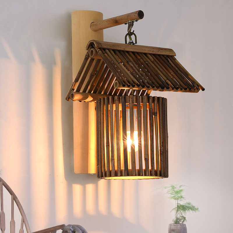 Chinese antique bamboo wall light with pastoral design, perfect for American tea houses, farm villages, country lighting, and hotel decoration