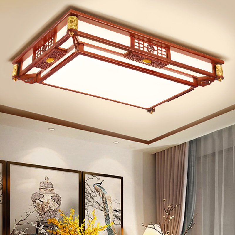 Chinese LED ceiling lamp for living rooms, teahouses, and bedrooms with solid wood round or retro rectangle design