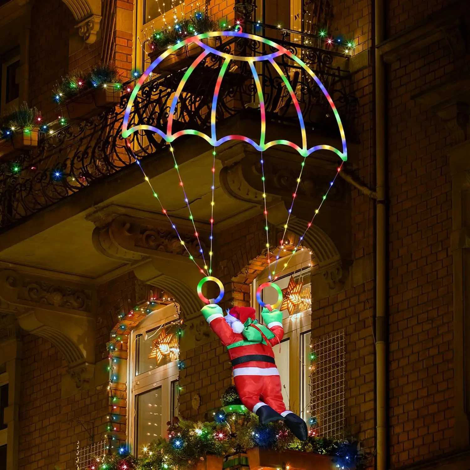 Christmas Decorations Lights Outdoor 28ft USB LED Christmas Parachute Light with Santa Claus for Roof Eave Balcony Garden Decor Z251101