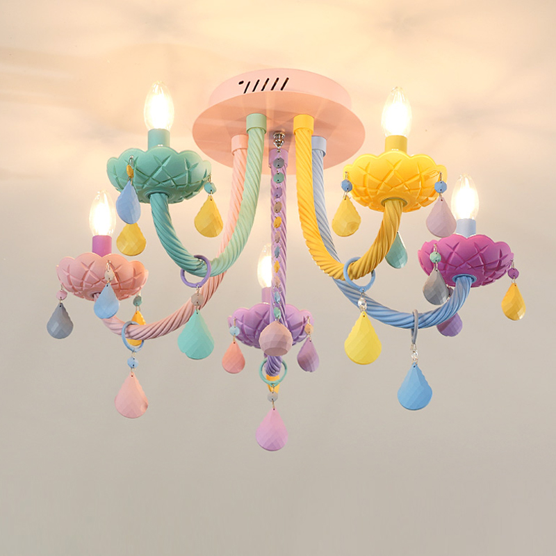 Colored Crystal Ceiling Lamp for Kids' Bedroom, Modern American-Style Flush Mount Lighting for Living Room