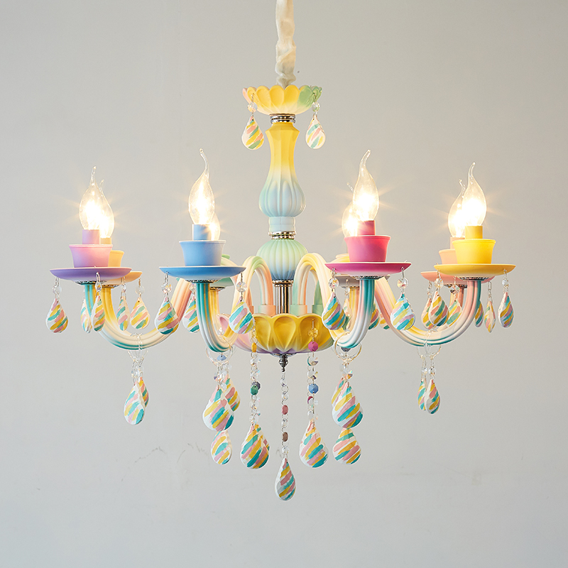 Colorful crystal chandeliers for restaurants, American living rooms, kids' bedrooms, featuring LED lights and European-style candle pendant lamps