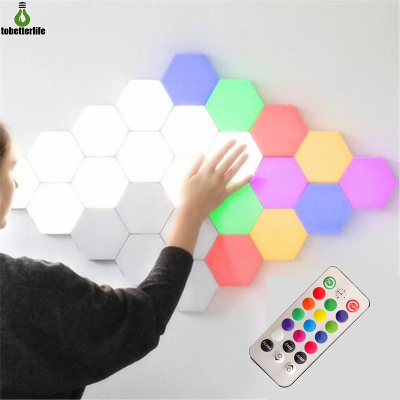 Colorful DIY touch-sensitive quantum LED night lights in modular hexagonal shapes for bedroom walls, available in sets of 6 or 10 pieces