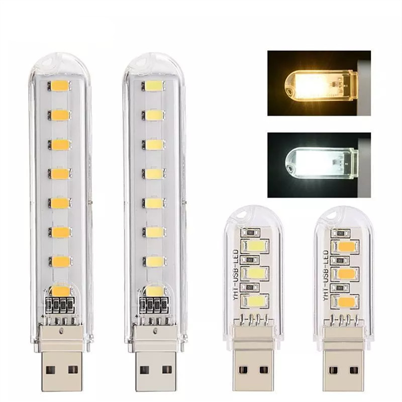 Compact USB reading light with 3 or 8 LEDs for books, laptops, and power banks