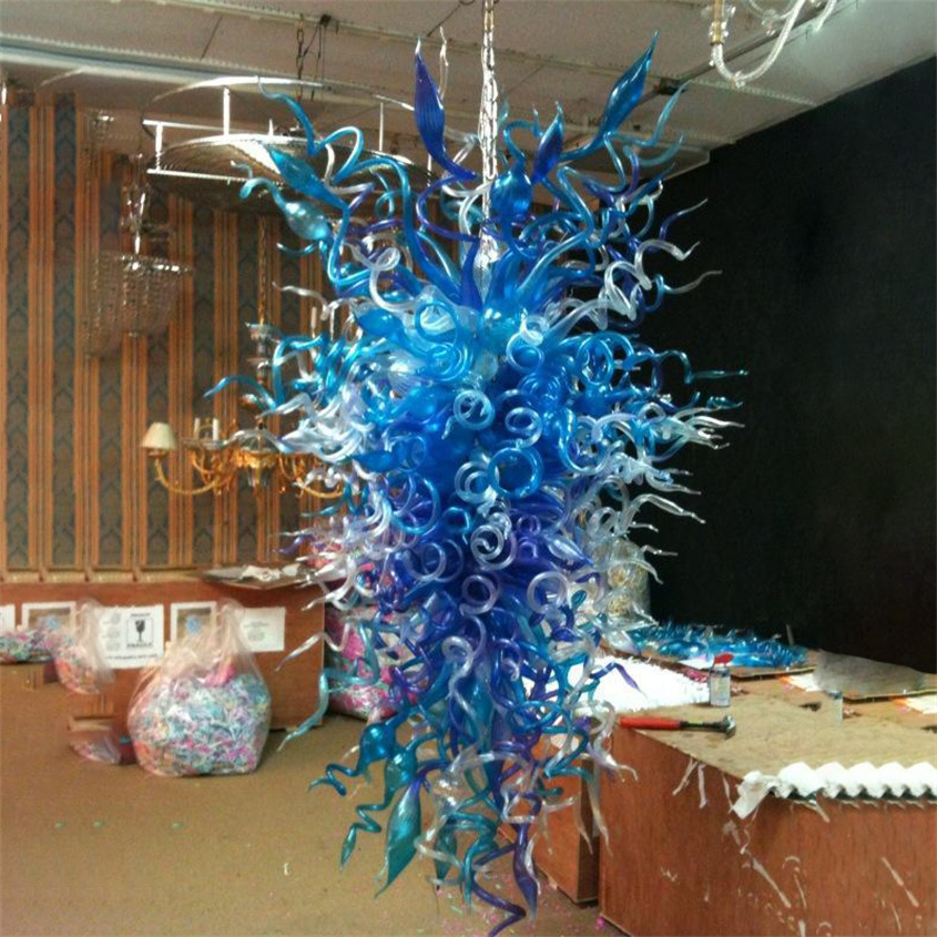 Contemporary blue crystal hand-blown glass chandelier lamp for living room decor, Tiffany-style 24x48 inch pendant light for indoor home use