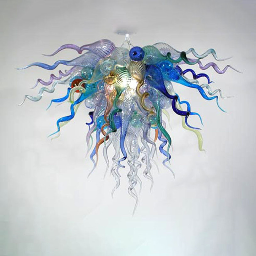 Contemporary handcrafted blown glass chandelier lamp with energy-efficient lighting and customizable chain suspension for living room decoration