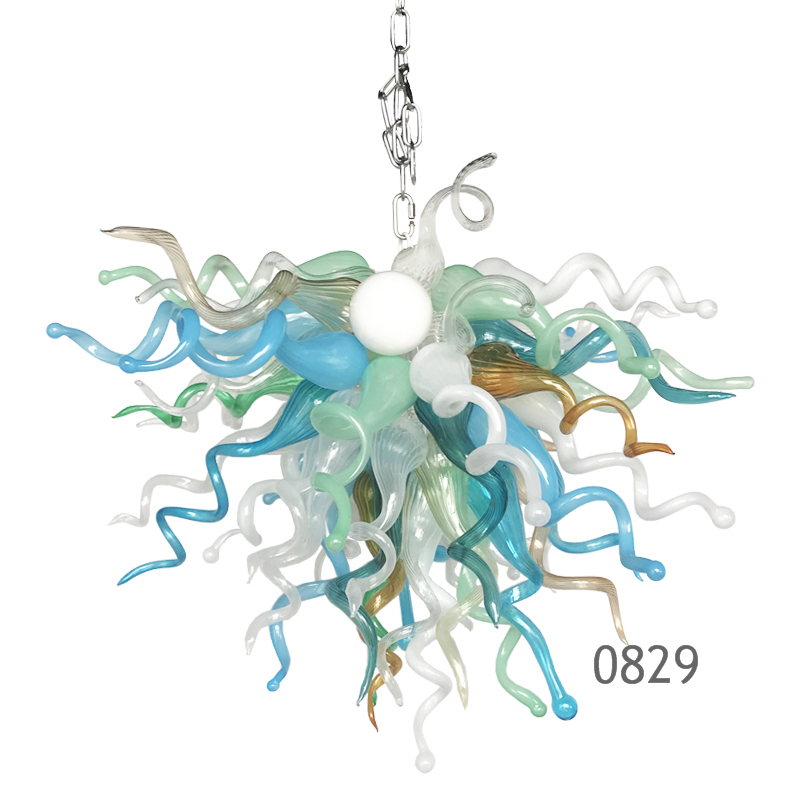 Contemporary handmade LED chandelier featuring blown Murano glass in cool turquoise blue, inspired by Art Deco style