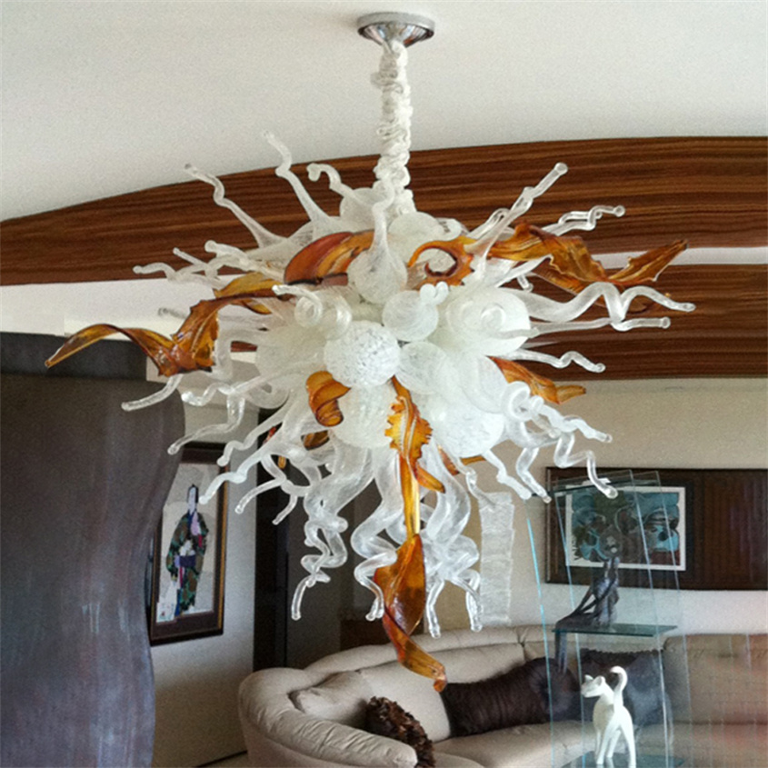 Contemporary LED decorative lamp featuring blown Murano glass in white and amber tones, an 80cm wide and tall chandelier for living rooms