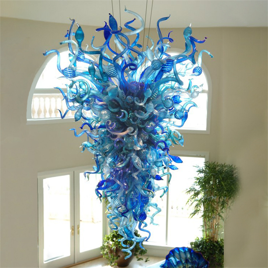 Contemporary pendant light in blue, a chandelier for home decor with LED bulbs and hand-blown glass crystal lighting