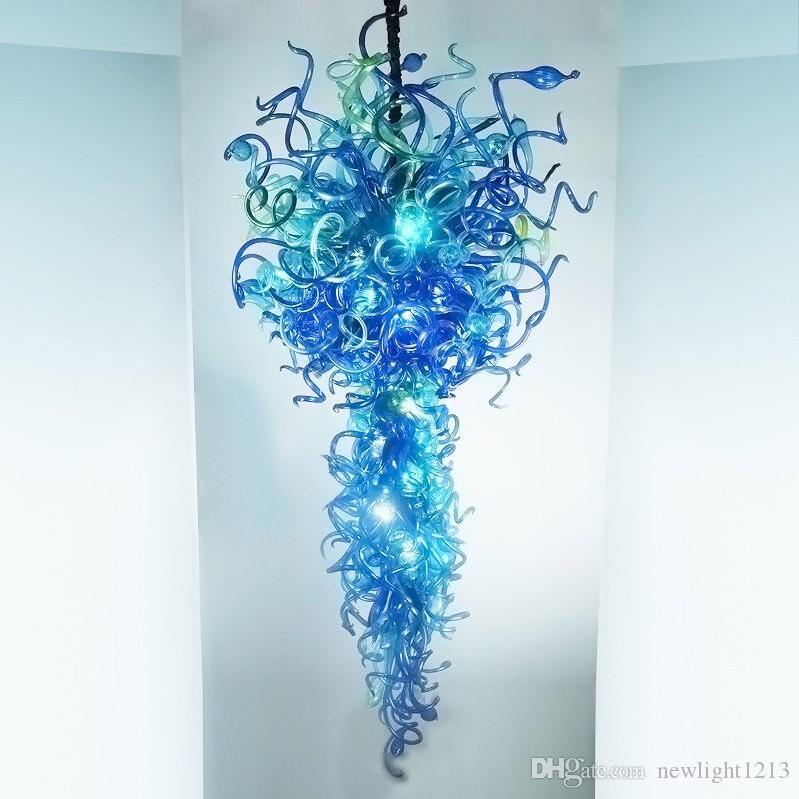 Contemporary stylish blue floor chandeliers with handcrafted blown glass for staircase lighting