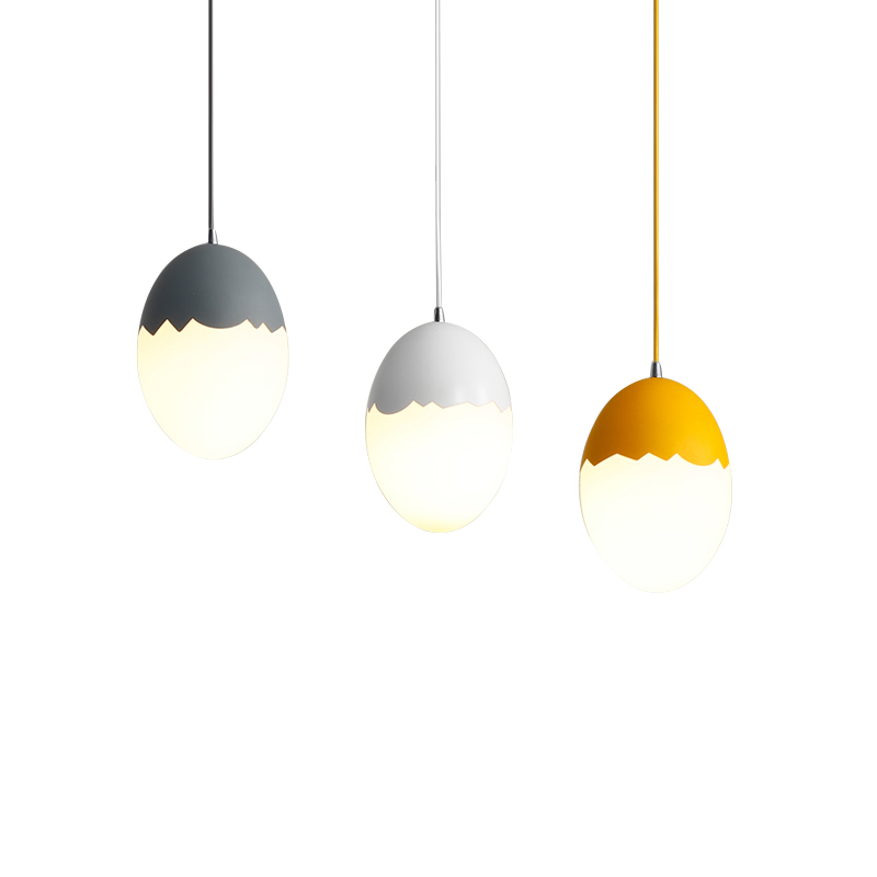 Creative egg-shaped LED pendant lights in vibrant macaron colors like pink, blue, yellow, green, white, and gold, perfect for kids' rooms, bedrooms, or restaurants