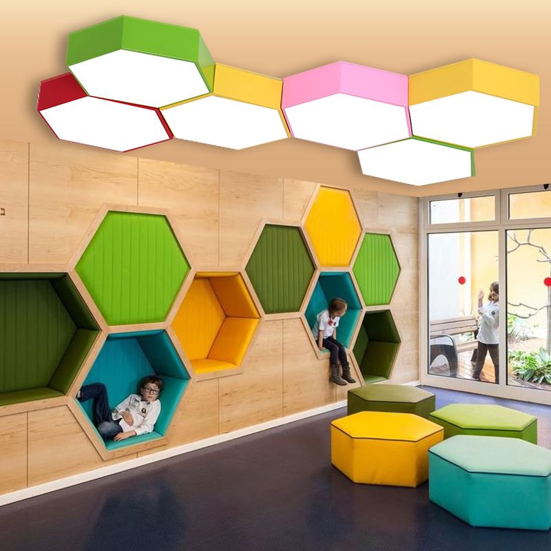 Creative LED hexagonal ceiling lights in Nordic wooden design for modern living rooms, bedrooms, and study spaces