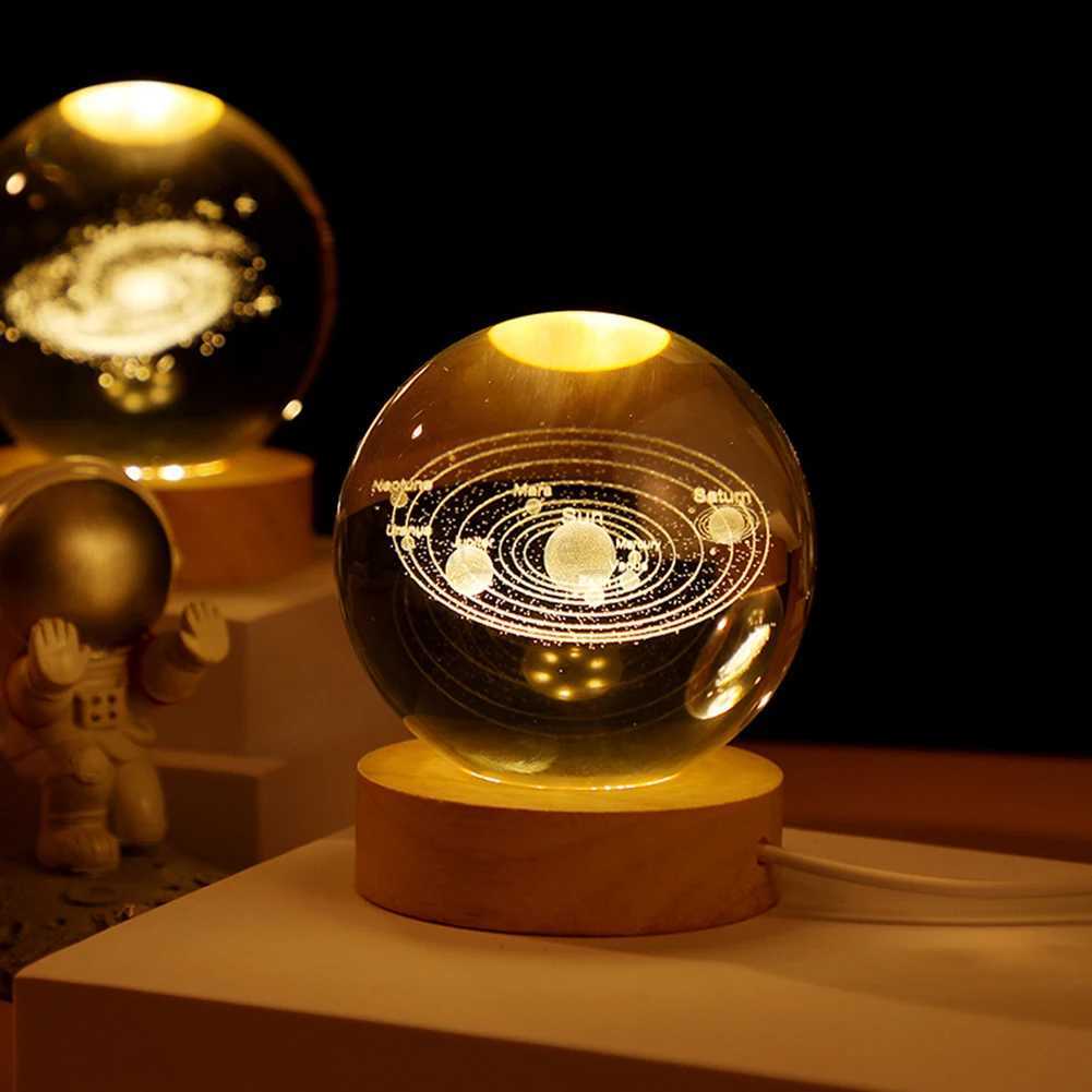 Crystal Ball LED Night Light featuring a glowing 3D planet, galaxy, and solar system design with astronaut and moon motifs, perfect for bedroom ambiance with USB power