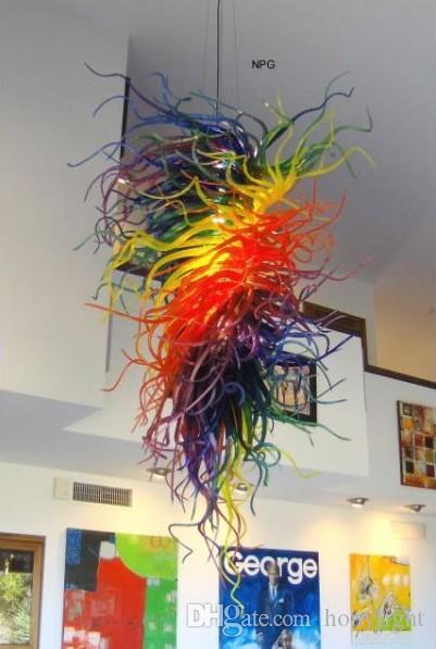 Customizable multicolored LED glass chandelier with swirling Murano glass design and extended chain suspension