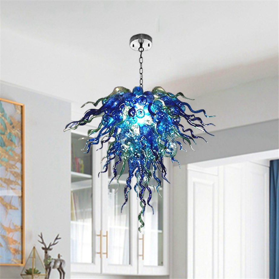 Customized blue glass chandeliers with handcrafted blown lights for elegant living room and hotel decorative lighting