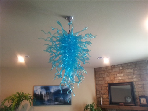 Customized blue Murano glass pendant lamps with CE and UL certification, energy-efficient for wedding decor, hand-blown chandeliers available for purchase