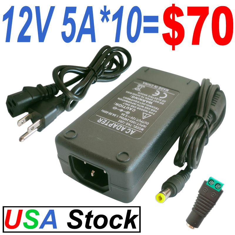 DC 12V 5A power adapter with 60W output, compatible with 100-240V input and featuring 5.5x2.5mm & 5.5x2.1mm barrel connectors