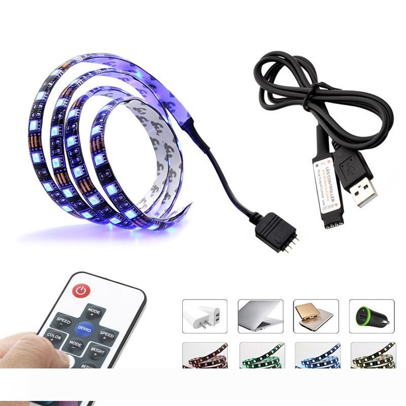 DC 5V USB-powered waterproof 5050 RGB LED strip light available in 50cm, 1m, and 2m lengths for TV backlighting with 17-key RF remote control
