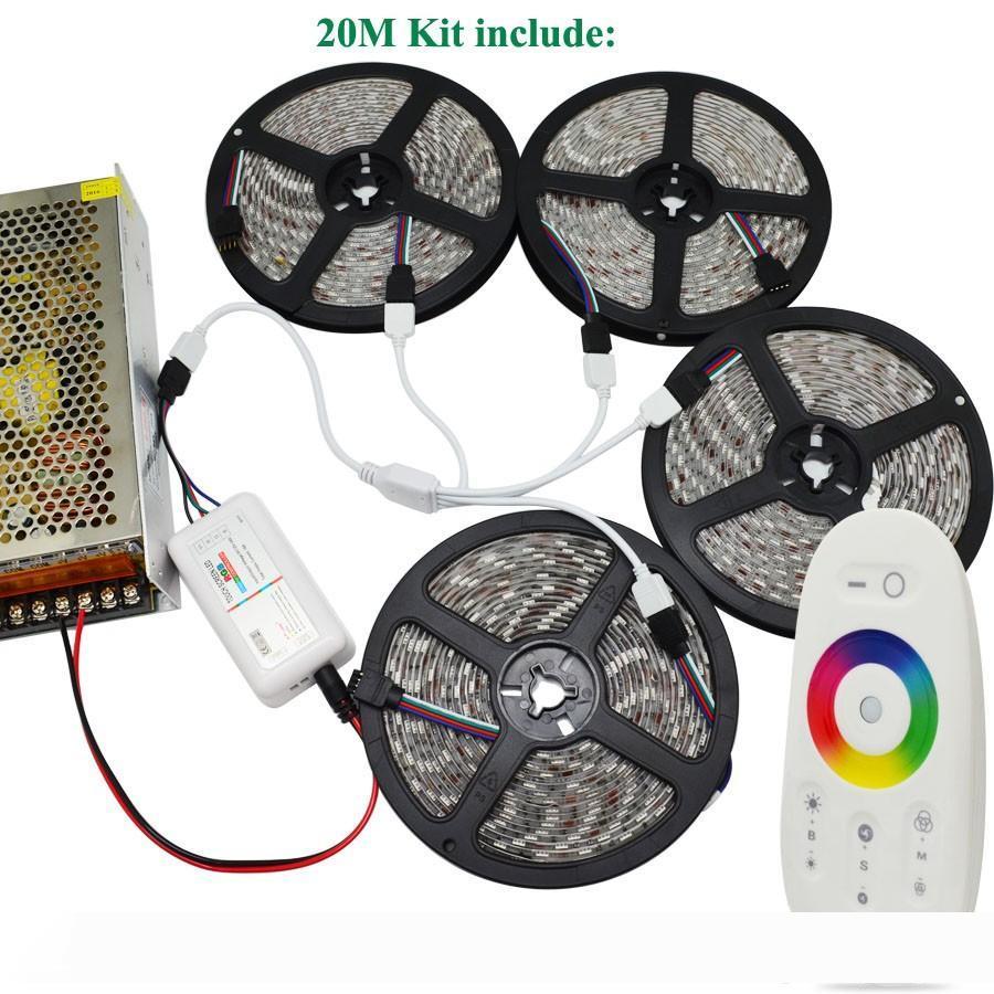 DC12V SMD 5050 RGB LED flexible strip with 60 LEDs per meter, available in 5M/10M/15M/20M lengths, includes RF touch remote and power adapter