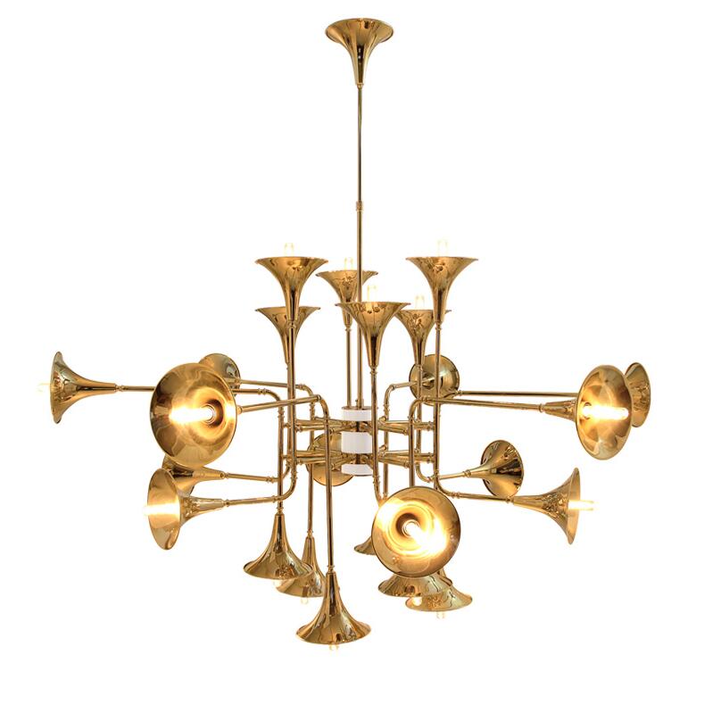 Delightful gold chandelier with trumpet-shaped pendants for dining and living spaces