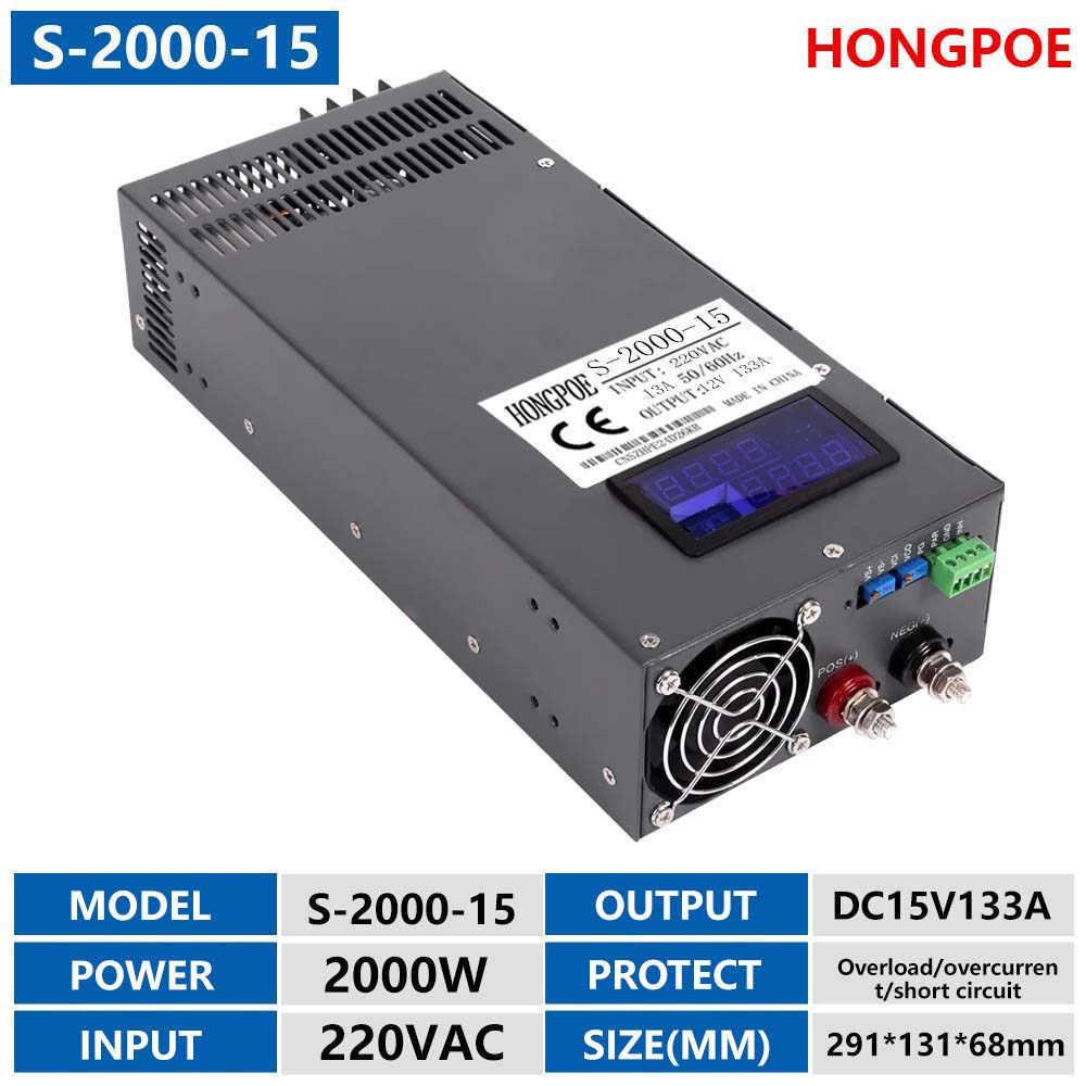 Digital display 15V 133A 2000W power supply, adjustable 0-15V AC-DC transformer converter, ideal for LED strips and displays