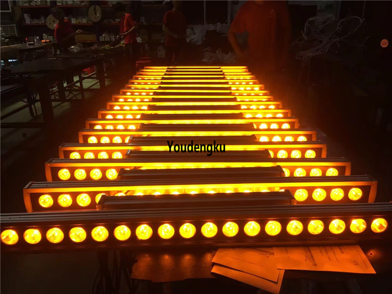 Double-headed 18x15W 5-in-1 wash wall bars for outdoor building facades, featuring 15W RGBAW waterproof LED wall washers and linear lighting