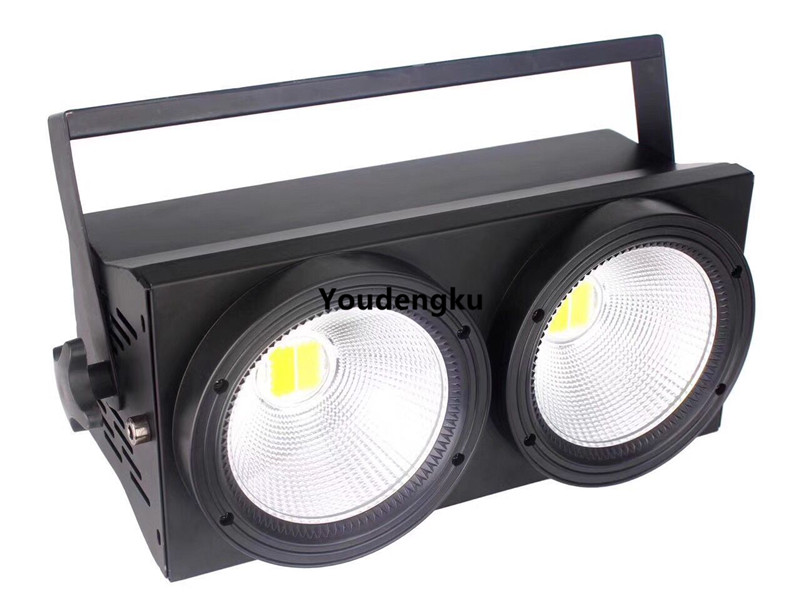 Dual-color LED stage blinder with 2x100W COB lights for studio audience illumination