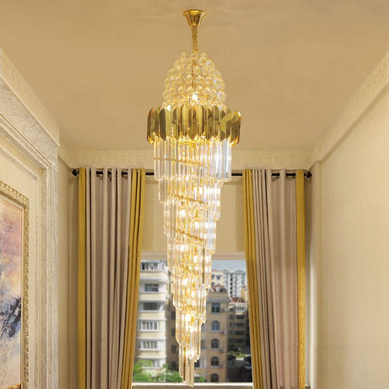 Duplex Middle Floor Spiral Staircase Long Crystal Chandeliers Villa Living Room Crystal Lamp Hotel Custom Big Crystal Chandelier Lighting